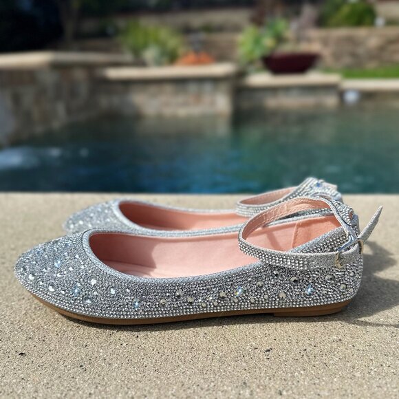 New Bling Silver Rhinestone Embellished Ankle Strap Ballet Flat Shoes Ballerina - Picture 7 of 10